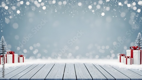 Christmas gifts and snowy trees bacground on wooden floor with bokeh lights.