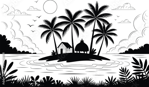 Black and white tropical island scene with palm trees and huts on water