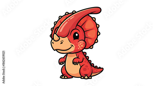 Adorable Cartoon Parasaurolophus Dinosaur with Red and Tan Coloring.