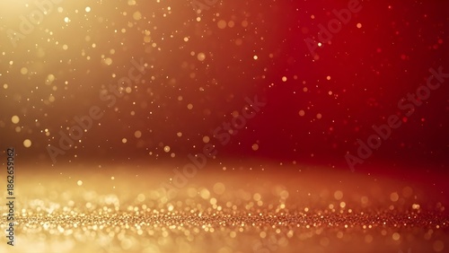 Sparkling golden glitter particles softly illuminate a vibrant red background