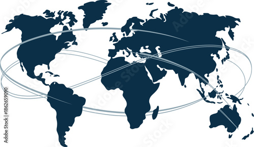 World map with curved lines connecting continents on white background