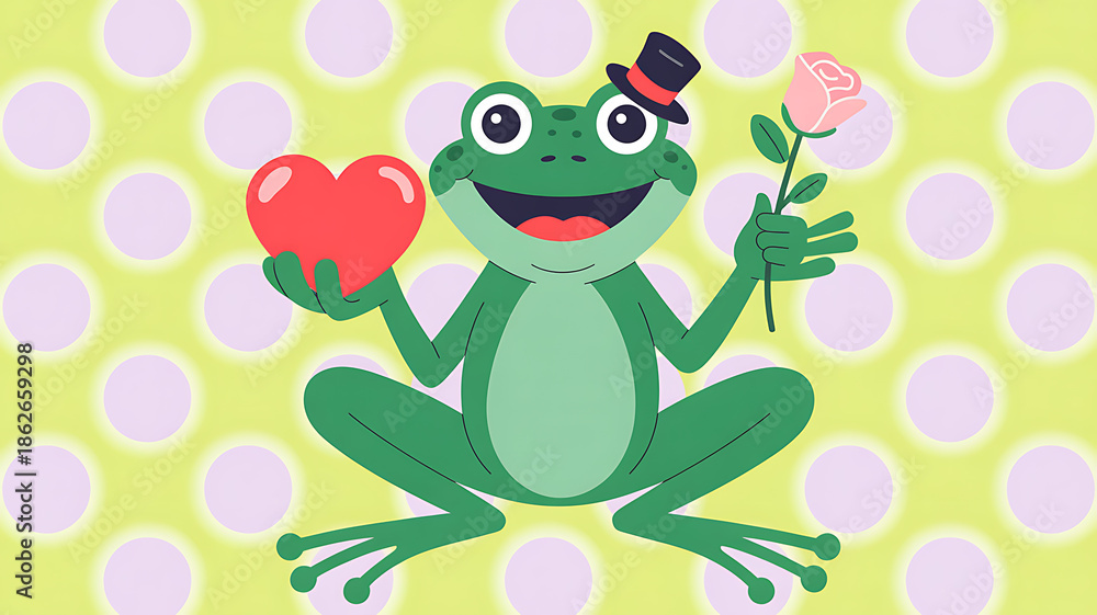 Fototapeta premium a charming cartoon frog holds a vibrant red heart and a delicate pink rose wearing a stylish top hat
