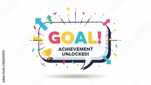 Goal Achievement Unlocked Celebration with Confetti and Arrows.