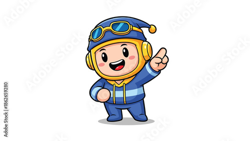 Adorable Cartoon Pilot Character Pointing Upward with Joyful Expression.