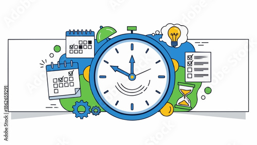 Time Management and Productivity Illustration with Clock and Calendar.