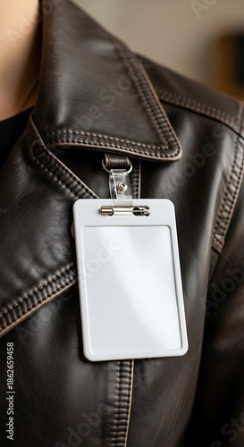 Blank identification badge secured to the lapel of a dark brown leather outer garment