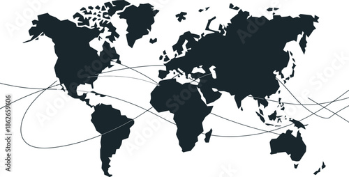 Black and white world map with connecting lines representing global connections and travel