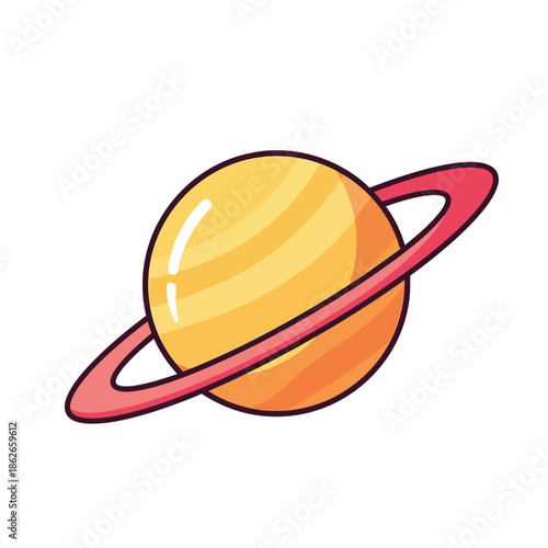 a brightly colored cartoon illustration depicts a yellow planet with a prominent red ring encircling its equatorial region creating a cosmic scene