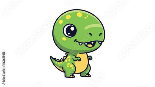 Adorable Cartoon Tyrannosaurus Rex with Big Eyes and Green Skin.