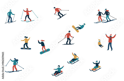 冬のレジャーを楽しむ人々の手描きイラスト：スキー、スノーボード、そり遊び