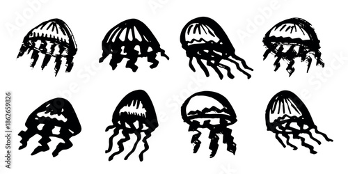 Set of hand drawn jellyfish doodle Sea animal illustration Cute marine underwater creature Medusa sketch clipart Single element for web, design, decor, children's print