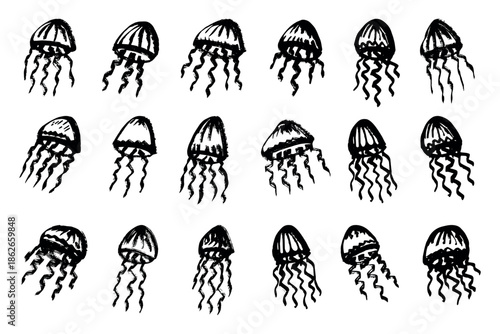 Set of hand drawn jellyfish doodle Sea animal illustration Cute marine underwater creature Medusa sketch clipart Single element for web, design, decor, children's print