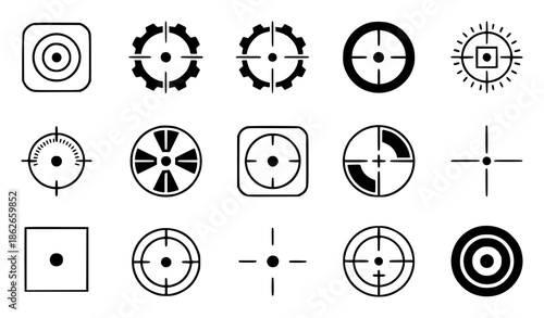 Collection of black and white target and crosshair symbol reticle