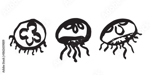 Set of hand drawn jellyfish doodle Sea animal illustration Cute marine underwater creature Medusa sketch clipart Single element for web, design, decor, children's print