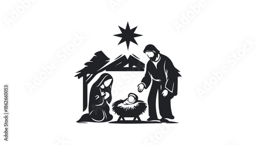 NATIVITY SCENE IN BLACK AND WHITE LOGO ICON VECTOR, Baby jesus and three kings Minimalist stencil. Vector illustration design, Bethlehem birth of jesus, Christmas Clipart, Christ savior is born, vecto
