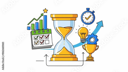 Time Management and Productivity - Hourglass, Calendar, and Growth Chart.