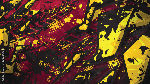 Modern Sporty Racing Abstract Vector Background with Grunge Tire Tracks and Sharp Geometric Shapes for Jersey or Vehicle Wrap Design