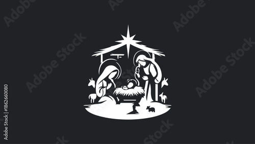 NATIVITY SCENE IN BLACK AND WHITE LOGO ICON VECTOR, Baby jesus and three kings Minimalist stencil. Vector illustration design, Bethlehem birth of jesus, Christmas Clipart, Christ savior is born, vecto