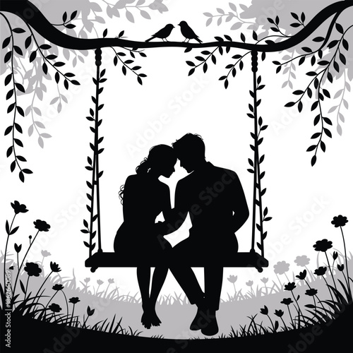 Romantic couple kissing on a swing in a garden surrounded by flowers and leaves