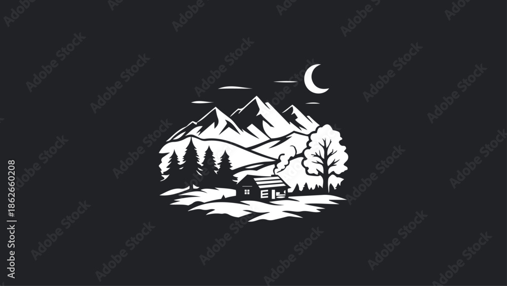 Fototapeta premium WINTER LANDSCAPE LOGO AND ICON VECTOR IN BLACK AND WHITE vector, design, illustration, face, cartoon, symbol, sign, icon, art, label, eye, map, earth, business, mouth, world, woman, button, vector, co