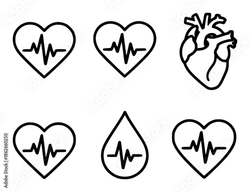 Collection of black line depicting heart with electrocardiogram and anatomical heart pulse
