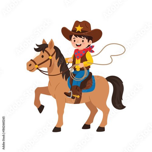 A charming illustration depicts a cheerful young cowboy riding a brown horse holding a lasso showcasing a western theme