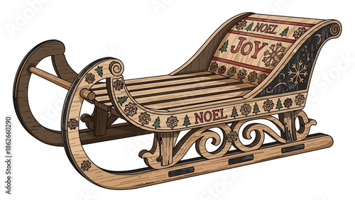 Ornate Wooden Sleigh with Festive Christmas Decorations.