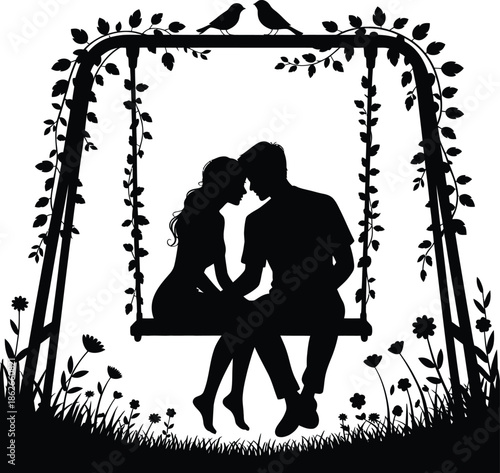 Romantic couple kissing on a swing in a garden