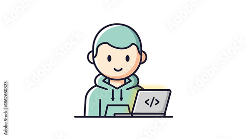 Young coder working on laptop, focused and determined, creating software.