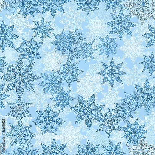 Intricate blue and white stylized ice crystals form a repeating winter holiday background pattern