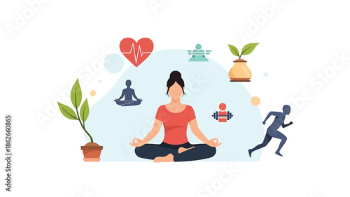 Woman Meditating in Lotus Position Surrounded by Health and Wellness Symbols.