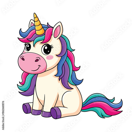 a charming depiction of a seated cartoon unicorn with a colorful mane and tail radiating whimsical joy high quality