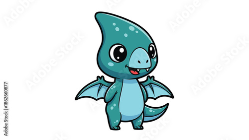 Adorable Cartoon Pterodactyl Character with Big Eyes and Small Wings.