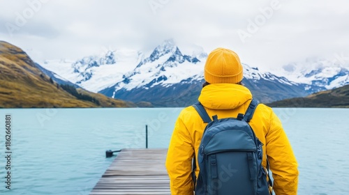 A person in a yellow jacket and beanie stands on a dock, looking at snowy mountains across a blue lake.
