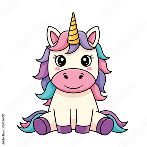 a charming cartoon illustration depicts a delightful white unicorn with a golden horn pink mane and pastel rainbow hair