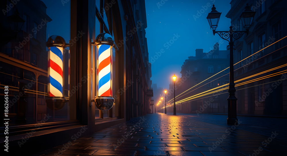 Fototapeta premium Atmospheric nighttime shot of a city street with a barber shop, illuminated with a classic barber pole. Long exposure light trails