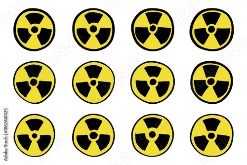 Set of hand drawn radiation sign Nuclear radiation hazard symbol Radioactive danger warning doodle Radioactive waste Single element for print, web, design, decor