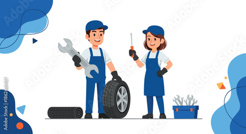 Friendly male and female auto mechanic team in uniform holding a wrench and screwdriver, ready to service a car tire in a workshop.