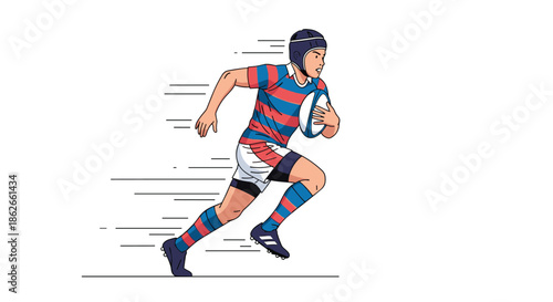 Dynamic cartoon illustration of a male rugby player in a striped jersey and helmet, running at full speed while holding the ball.
