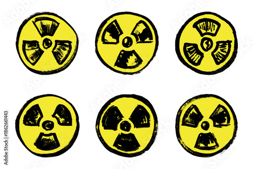 Set of hand drawn radiation sign Nuclear radiation hazard symbol Radioactive danger warning doodle Radioactive waste Single element for print, web, design, decor