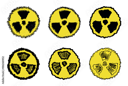 Set of hand drawn radiation sign Nuclear radiation hazard symbol Radioactive danger warning doodle Radioactive waste Single element for print, web, design, decor