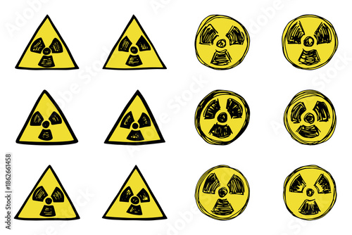 Set of hand drawn radiation sign Nuclear radiation hazard symbol Radioactive danger warning doodle Radioactive waste Single element for print, web, design, decor
