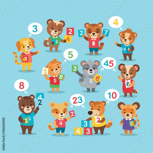 Cute Animals Learning Numbers: Bears, Dogs, Raccoons, Mice with Math Blocks