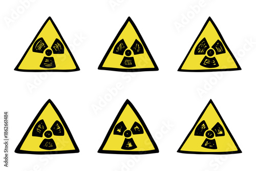 Set of hand drawn radiation sign Nuclear radiation hazard symbol Radioactive danger warning doodle Radioactive waste Single element for print, web, design, decor