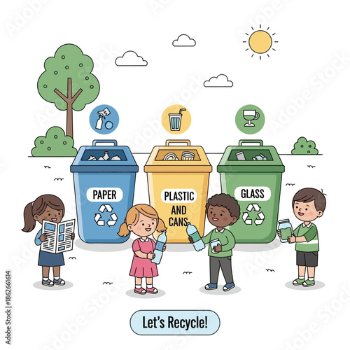 Children Recycling Paper, Plastic, and Glass Bins Outdoors