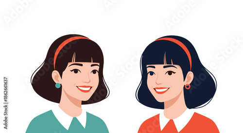 Retro-style illustration of two smiling young women with dark bob hairstyles and headbands, depicted as happy friends or sisters.