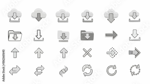 Set of Hand-Drawn Style Icons for Download, Upload, and Data Transfer.