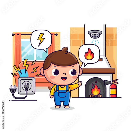 Cute Boy Teaching Fire Safety and Electrical Hazards at Home