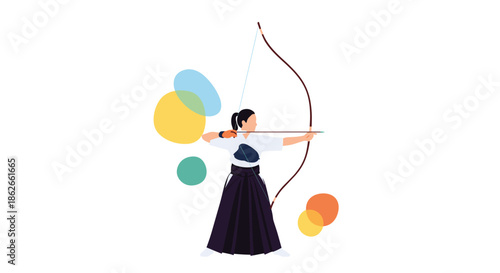 Woman in traditional Japanese Kyudo attire drawing a bow and arrow, practicing the martial art with focus and precision.