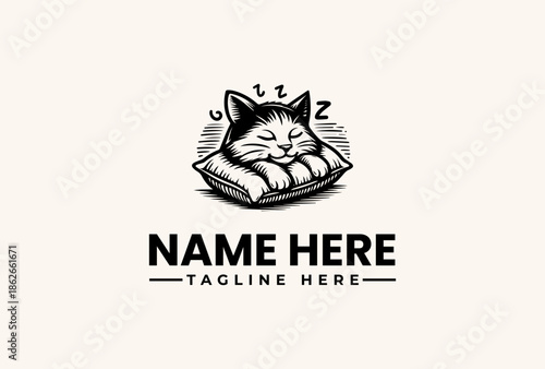 A black and white illustration of a sleeping cat resting on a pillow with a subtle striped background and placeholder text for a logo or brand name in a simple, modern design.